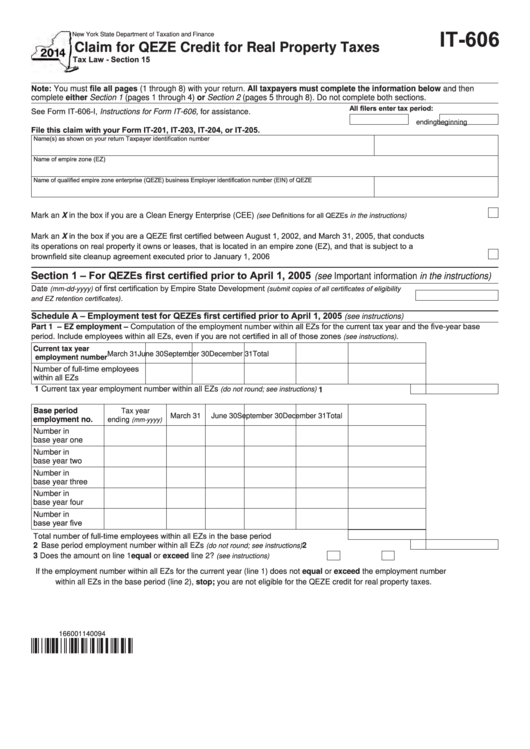 Fillable Form It-606 - Claim For Qeze Credit For Real Property Taxes - 2014 Printable pdf