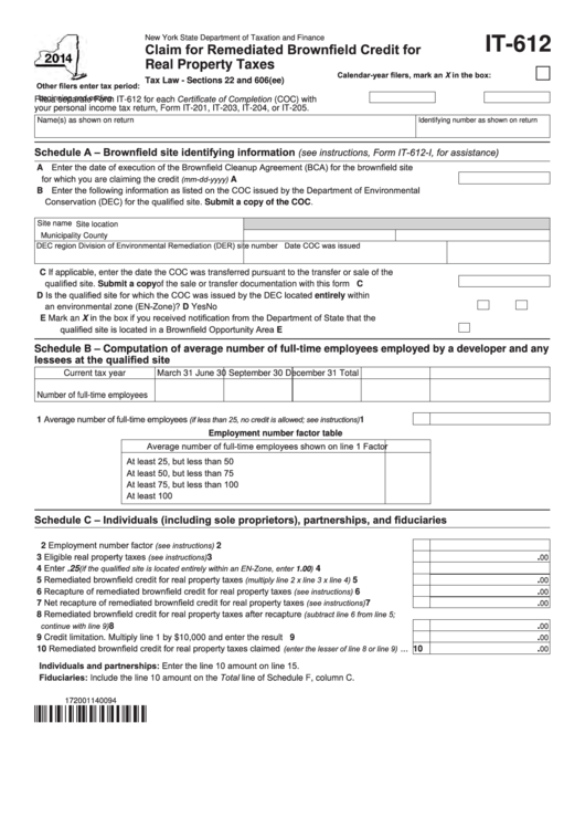 Fillable Form It-612 - Claim For Remediated Brownfield Credit For Real Property Taxes - 2014 Printable pdf