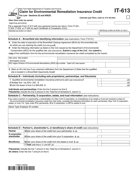 Fillable Form It-613 - Claim For Environmental Remediation Insurance Credit - 2014 Printable pdf