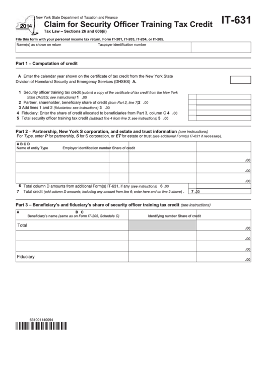 Fillable Form It-631 - Claim For Security Officer Training Tax Credit - 2014 Printable pdf