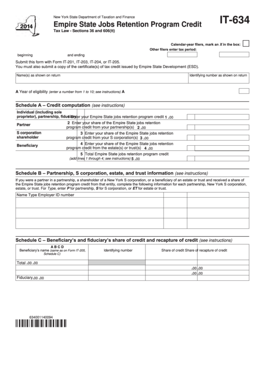 Fillable Form It-634 - Empire State Jobs Retention Program Credit - 2014 Printable pdf