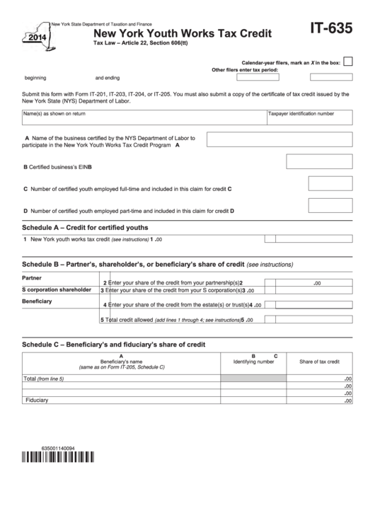 Fillable Form It-635 - New York Youth Works Tax Credit - 2014 Printable pdf