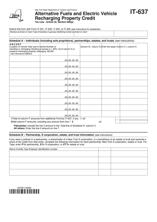 Fillable Form It-637 - Alternative Fuels And Electric Vehicle Recharging Property Credit - 2014 Printable pdf