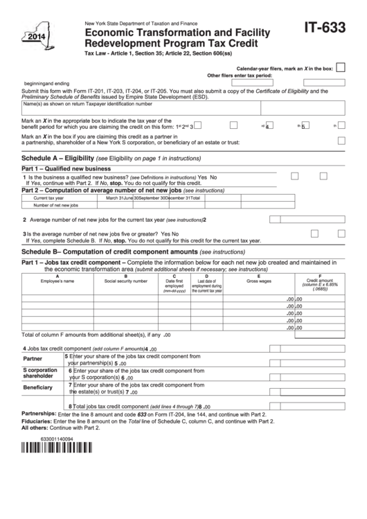 Fillable Form It-633 - Economic Transformation And Facility Redevelopment Program Tax Credit - 2014 Printable pdf