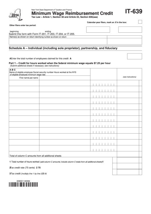 Fillable Form It-639 - Minimum Wage Reimbursement Credit - 2014 Printable pdf