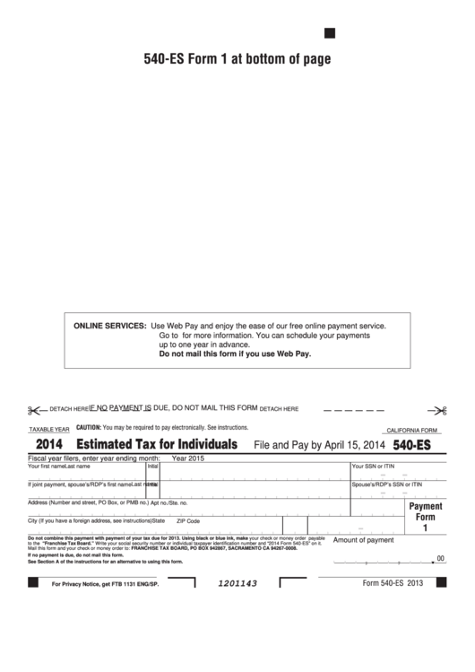 Fillable California Form 540-Es - Estimated Tax For Individuals - 2014 Printable pdf