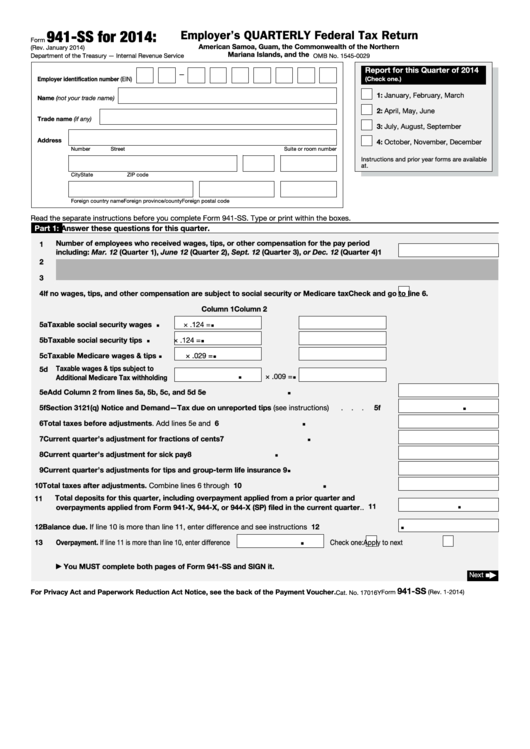 Form 941-ss - Employer's Quarterly Federal Tax Return - American Samoa, Guam, The Commonwealth Of The Northern Mariana Islands, And The U.s. Virgin Islands - 2014
