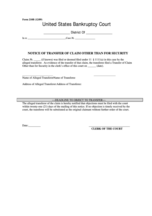 Form 210b - Notice Of Transfer Of Claim Other Than For Security Printable pdf