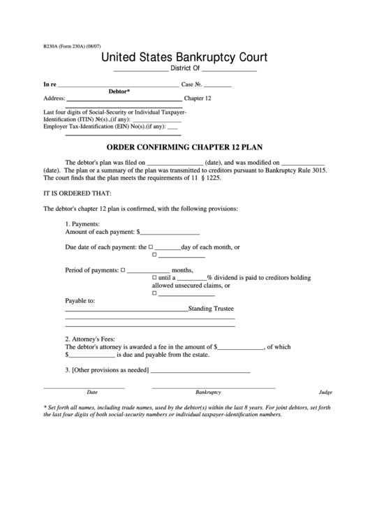 Form 230a - Order Confirming Chapter 12 Plan Printable pdf