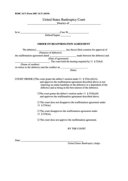 Form 240c Alt - Order On Reaffirmation Agreement Printable pdf