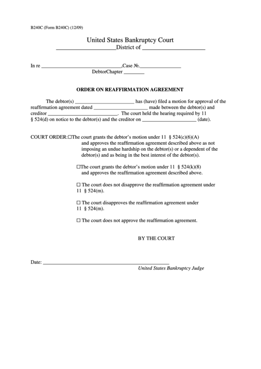 Form B240c - Order On Reaffirmation Agreement Printable pdf
