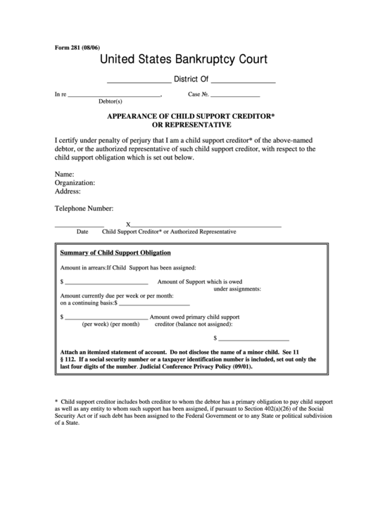 Form 281 - Appearance Of Child Support Creditor* Or Representative Printable pdf