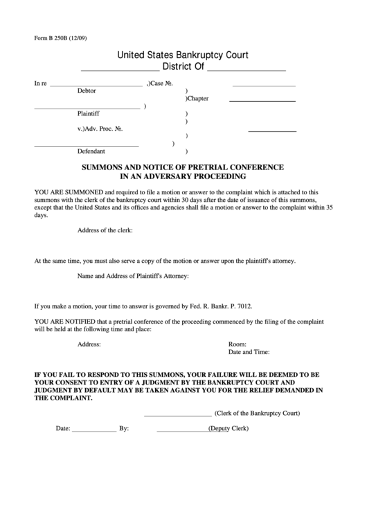 Form B 250b - Summons And Notice Of Pretrial Conference In An Adversary Proceeding Printable pdf