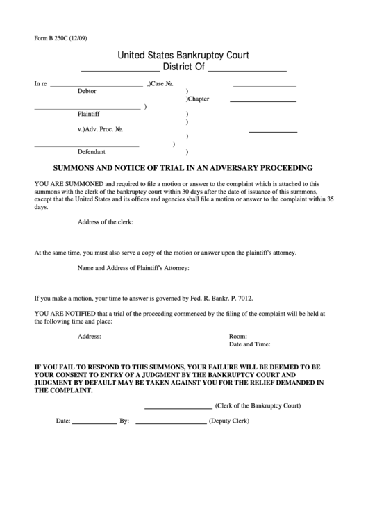 Form B 250c - Summons And Notice Of Trial In An Adversary Proceeding Printable pdf