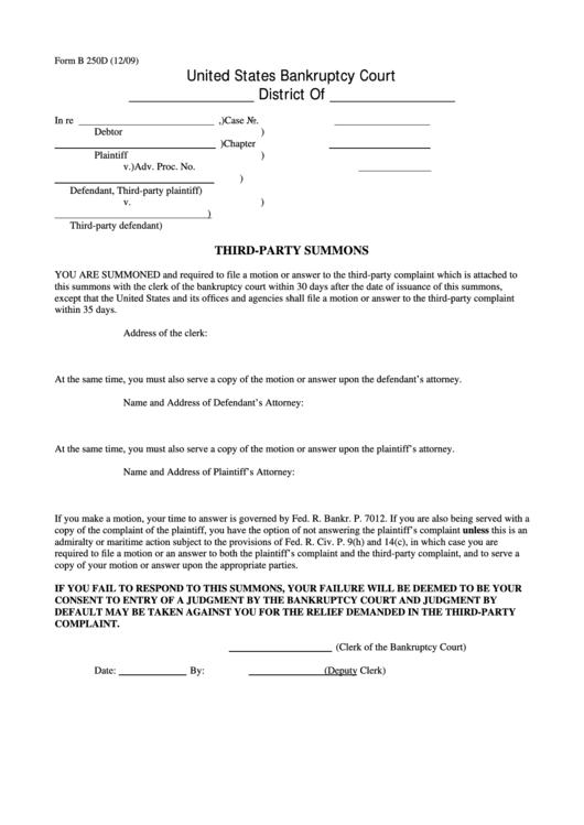 Form B 250d - Third-Party Summons Printable pdf