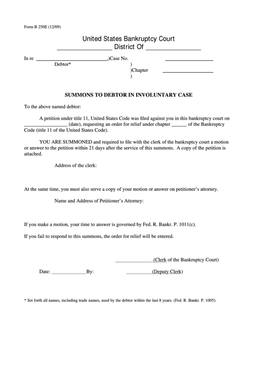 Form B 250e - Summons To Debtor In Involuntary Case Printable pdf