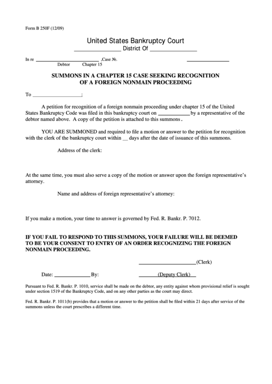 Form B 250f - Summons In A Chapter 15 Case Seeking Recognition Of A Foreign Nonmain Proceeding Printable pdf