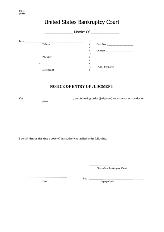 Form B 262 - Notice Of Entry Of Judgment Printable pdf