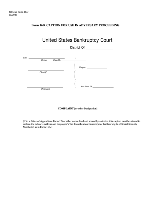 Official Form 16d - Caption For Use In Adversary Proceeding Printable pdf