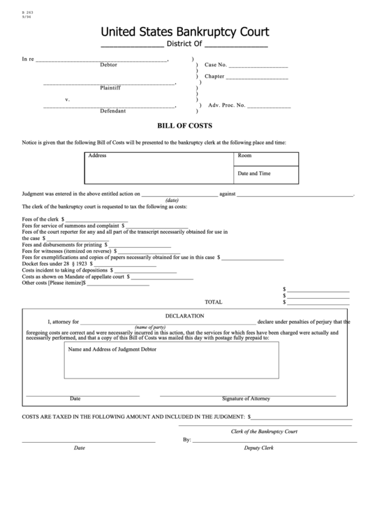 Form B 263 - Bill Of Costs Printable pdf