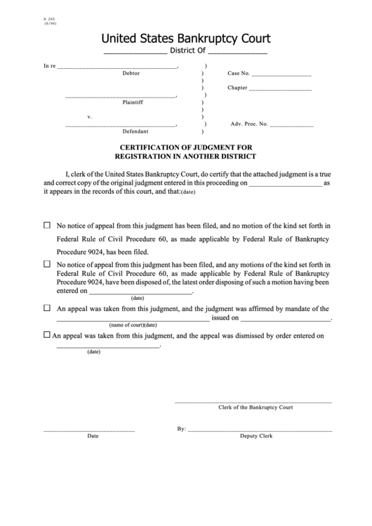 Form B 265 - Certification Of Judgment For Registration In Another District Printable pdf