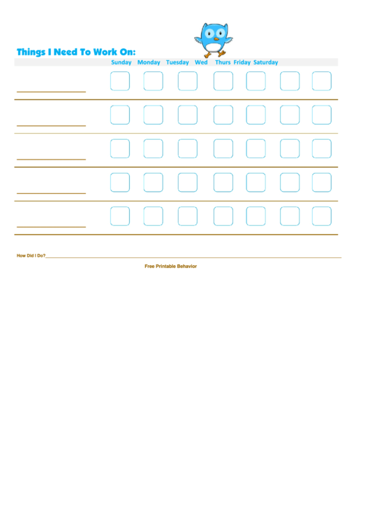 Things I Need To Work On Behavior Chart - Owl 2 Printable pdf