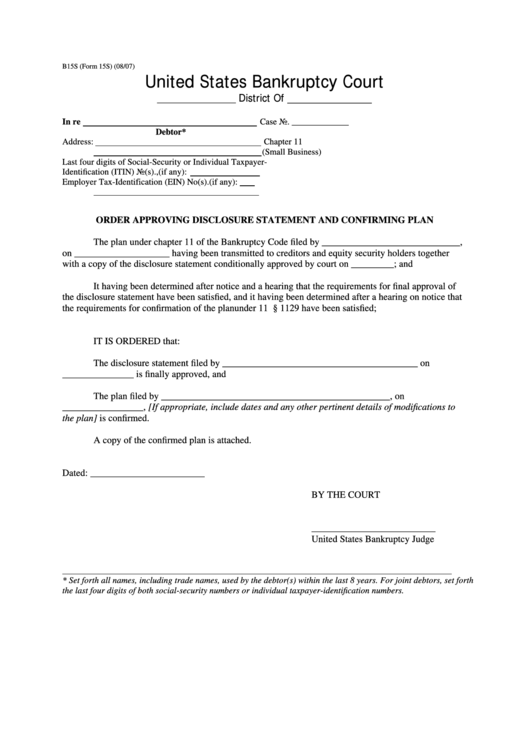Form 15s - Order Approving Disclosure Statement And Confirming Plan Printable pdf