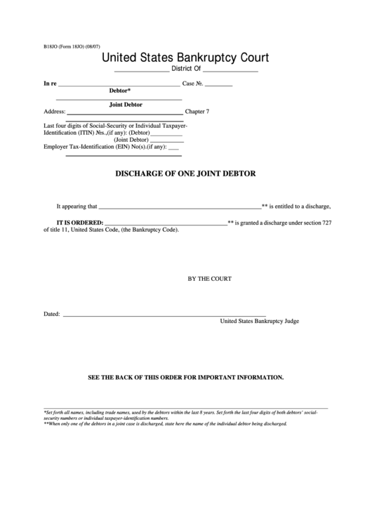 Form 18jo - Discharge Of One Joint Debtor Printable pdf