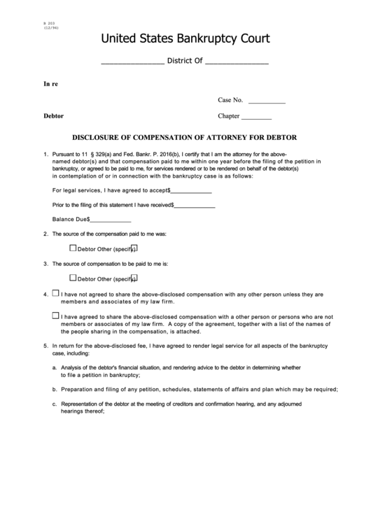 Form B 203 - Disclosure Of Compensation Of Attorney For Debtor Printable pdf