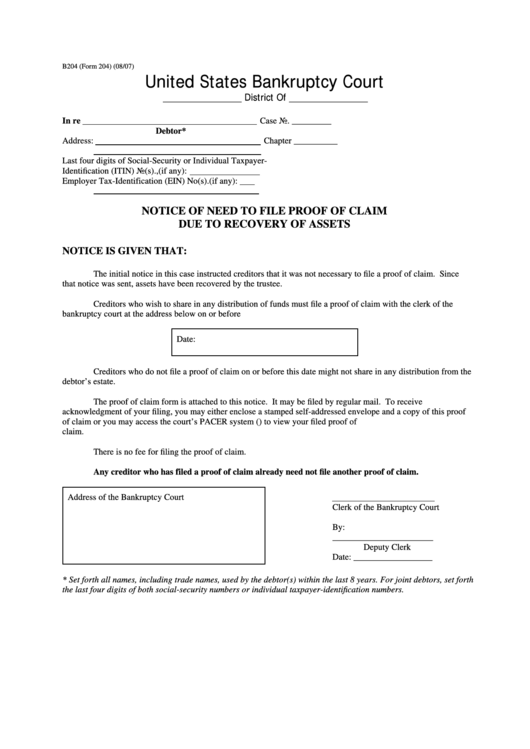 Form 204 - Notice Of Need To File Proof Of Claim Due To Recovery Of Assets Printable pdf