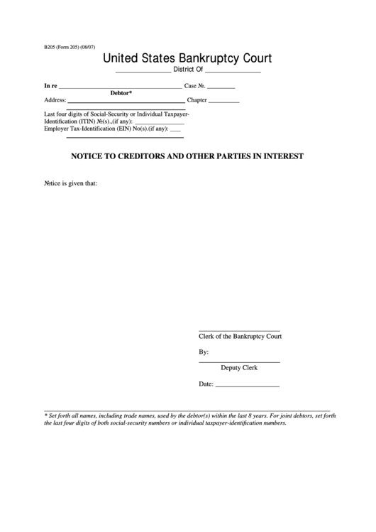 Form 205 - Notice To Creditors And Other Parties In Interest Printable pdf