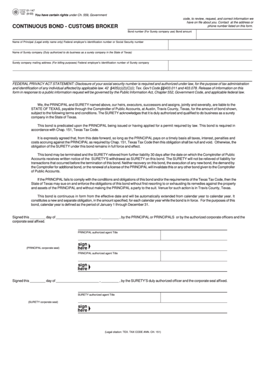 Fillable Form 01-147 - Continuous Bond - Customs Broker Printable pdf