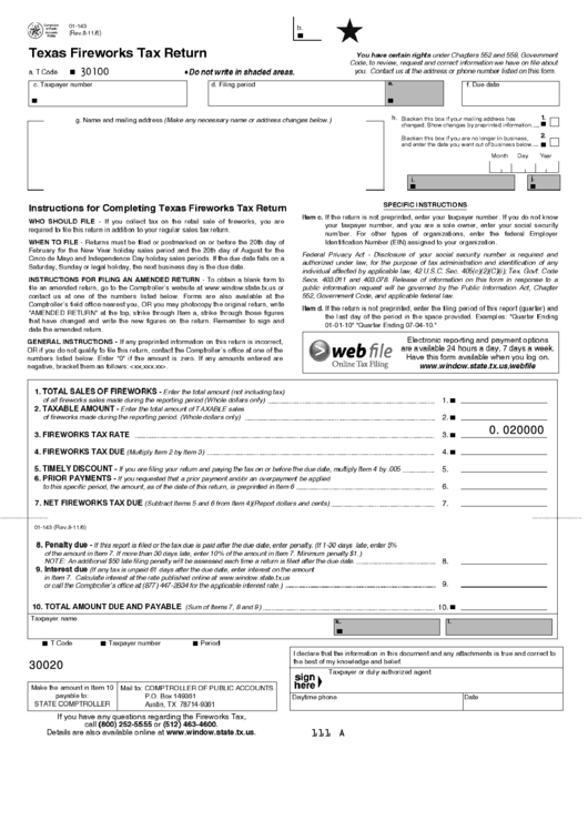 Fillable Form 01-143 - Texas Fireworks Tax Return Printable pdf
