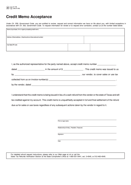 Fillable Form 01-136 - Credit Memo Acceptance Printable pdf