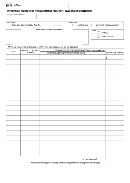 Fillable Form 01-125 - Enterprise Or Defense Readjustment Project - Invoices Or Contracts Printable pdf