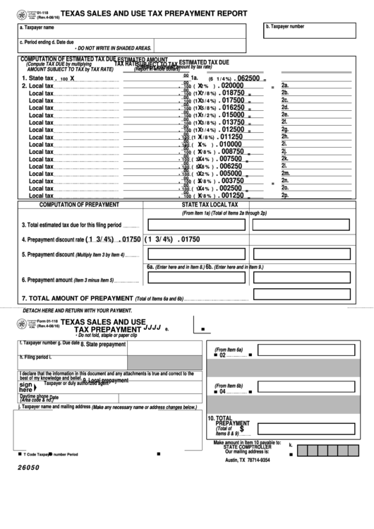 Fillable Form 01-118 - Texas Sales And Use Tax Prepayment Report Printable pdf