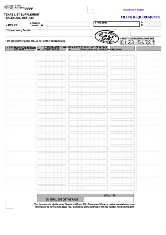 Fillable Form 01-116-A -Texas List Supplement - Sales And Use Tax Printable pdf