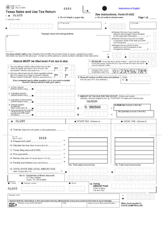 Fillable Form 01-114 - Texas Sales And Use Tax Return Printable pdf
