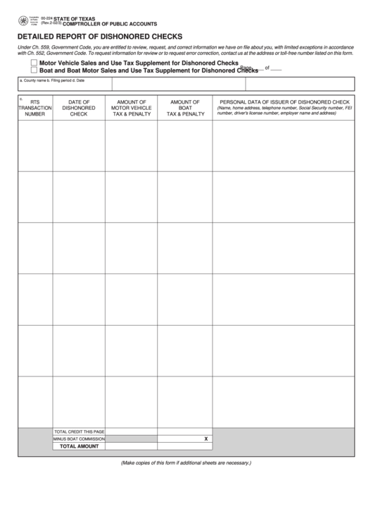 Fillable Form 00-224 - Detailed Report Of Dishonored Checks Printable pdf