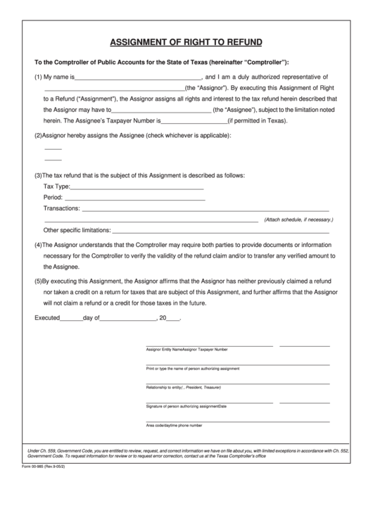Fillable Form 00-985 - Assignment Of Right To Refund Printable pdf