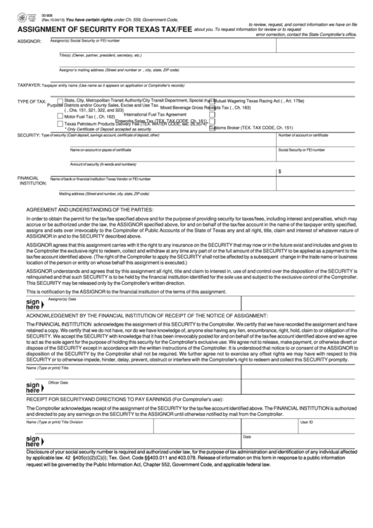 Fillable Form 00-808 - Assignment Of Security For Texas Tax/fee Printable pdf