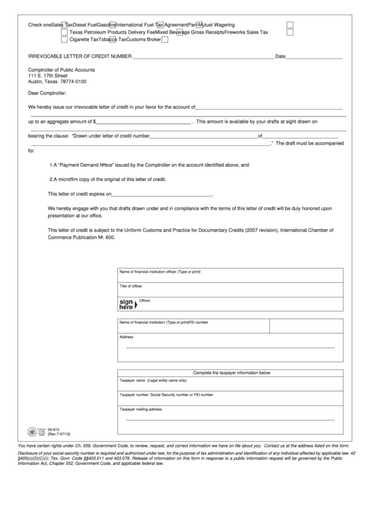 Fillable Form 00-812 - Irrevocable Letter Of Credit Printable pdf
