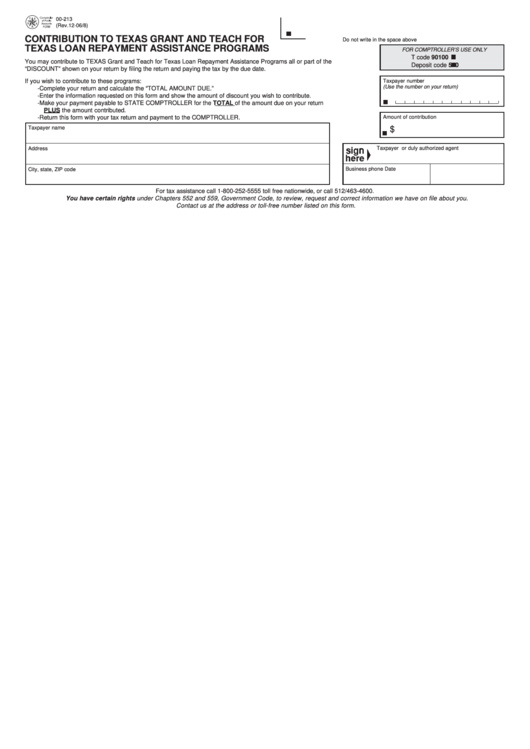 Fillable Form 00-213 - Contribution To Texas Grant And Teach For Texas Loan Repayment Assistance Programs Printable pdf