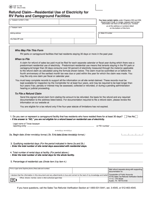 Fillable Form 01-158 - Refund Claim-Residential Use Of Electricity For Rv Parks And Campground Facilities Printable pdf