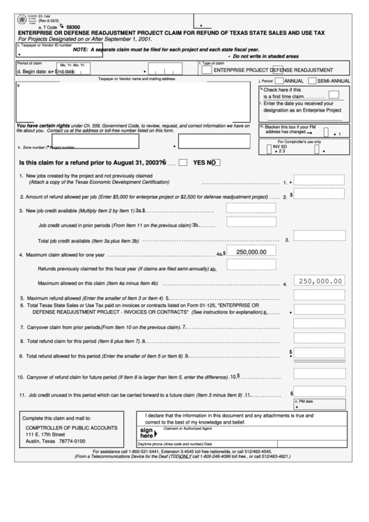 Fillable Form 01-144 - Enterprise Or Defense Readjustment Project Claim For Refund Of Texas State Sales And Use Tax Printable pdf