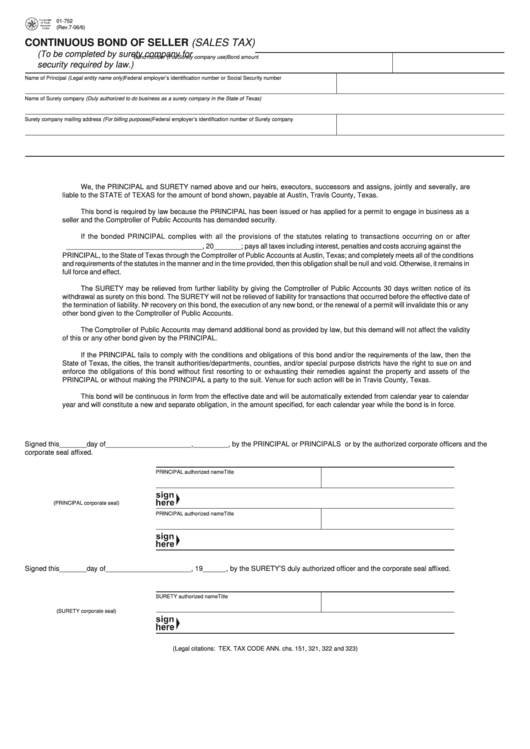 Fillable Form 01-752 - Continuous Bond Of Seller (Sales Tax) Printable pdf