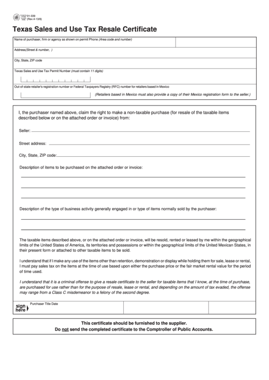 Fillable Form 01-339 - Texas Sales And Use Tax Resale Certificate & Texas Sales And Use Tax Exemption Certification Printable pdf
