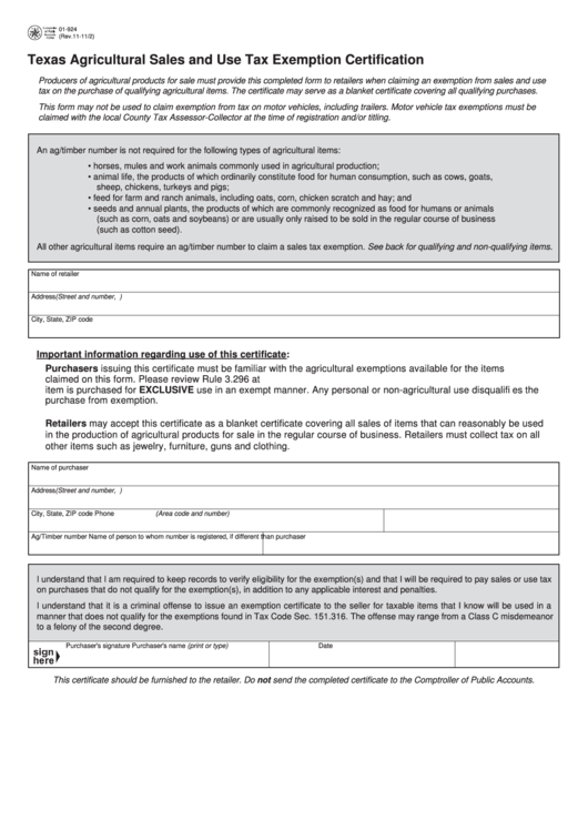 Fillable Form 01-924 - Texas Agricultural Sales And Use Tax Exemption Certification Printable pdf