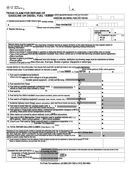 Fillable Form 06-106 - Texas Claim For Refund Of Gasoline Or Diesel Fuel Taxes Printable pdf