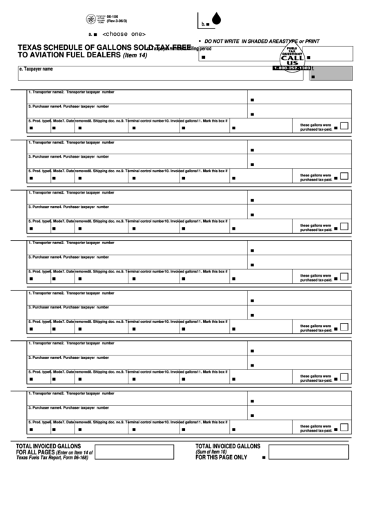 Fillable Form 06-156 - Texas Schedule Of Gallons Sold Tax-Free To Aviation Fuel Dealers Printable pdf